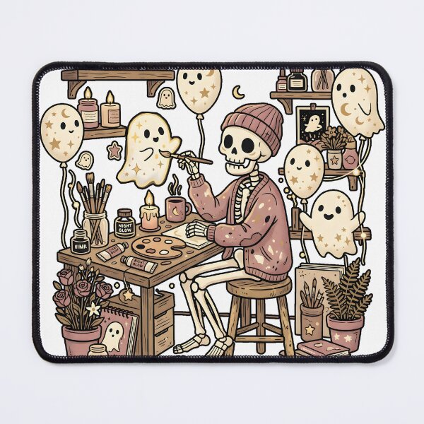 Item preview, Skeleton Wearing Beanie and Sweater Painting Ghost Balloons at Cozy Art Desk designed and sold by MisteryDesigner.
