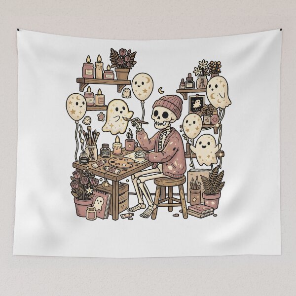 Item preview, Skeleton Wearing Beanie and Sweater Painting Ghost Balloons at Cozy Art Desk  designed and sold by MisteryDesigner.