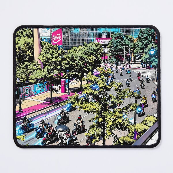 Item preview, Atlanta Pop Art Street Scene – Neon Motorcycle City Print designed and sold by KE Photo Art.