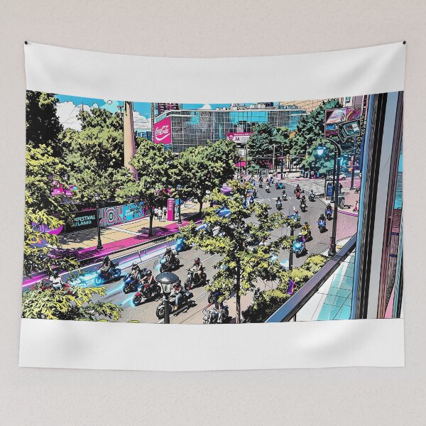 Item preview, Atlanta Pop Art Street Scene – Neon Motorcycle City Print designed and sold by KE Photo Art.