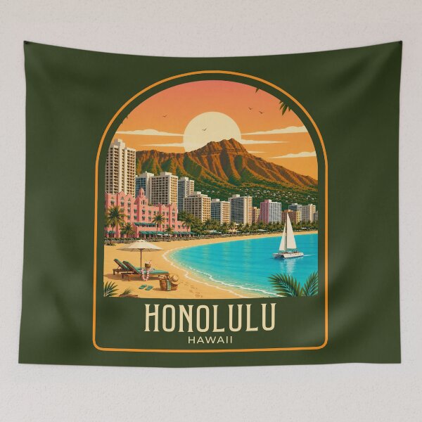 Item preview, Honolulu Vintage Travel Illustration designed and sold by HomeLivingCo.
