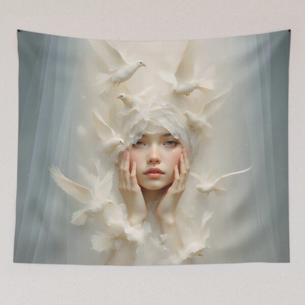 Item preview, Surreal Artwork of Woman Touched by Doves 2 designed and sold by Lucia Amaris Art.