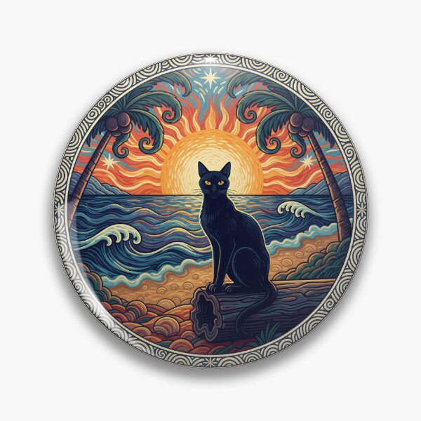 Item preview, Black Cat Tropical Sunset | Beach Scene Cat Art designed and sold by WonderWaresGifts.