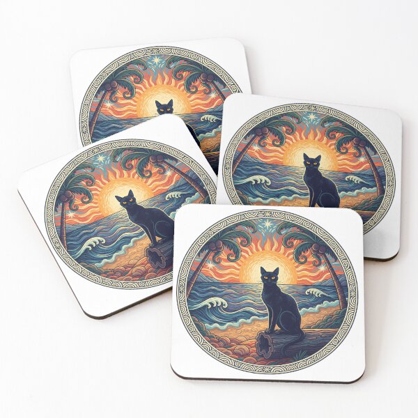 Item preview, Black Cat Tropical Sunset | Beach Scene Cat Art designed and sold by WonderWaresGifts.