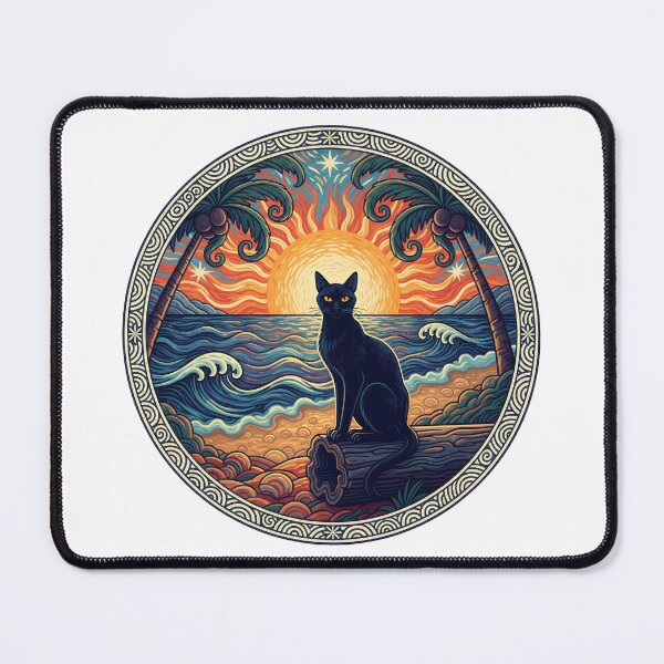 Item preview, Black Cat Tropical Sunset | Beach Scene Cat Art designed and sold by WonderWaresGifts.