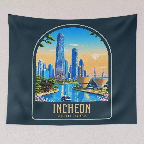 Item preview, Incheon Vintage Travel Illustration designed and sold by HomeLivingCo.
