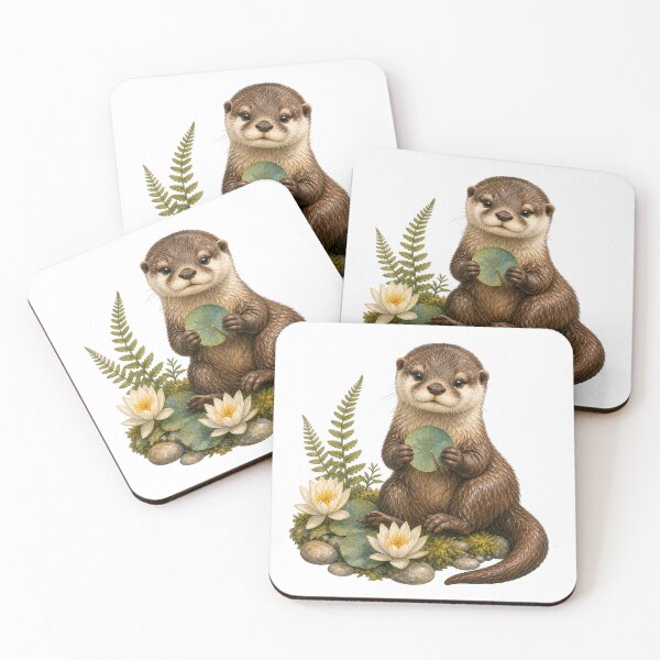 Item preview, River Otter Among Water Lilies designed and sold by Freshloop Studio | Whimsical Vintage Art.