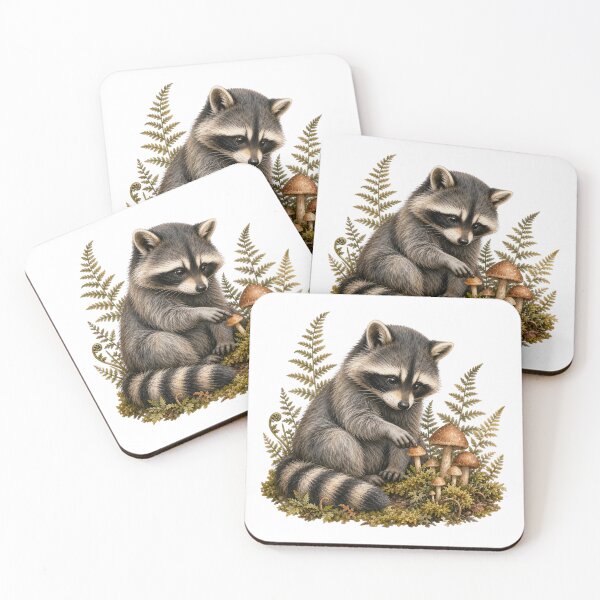 Item preview, Woodland Raccoon in a Mushroom Patch designed and sold by Freshloop Studio | Whimsical Vintage Art.
