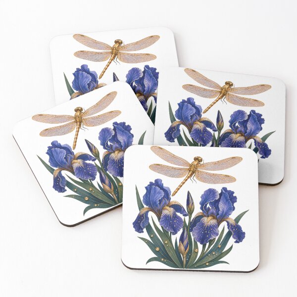 Item preview, Golden Dragonfly on Blue Iris designed and sold by Freshloop Studio | Whimsical Vintage Art.