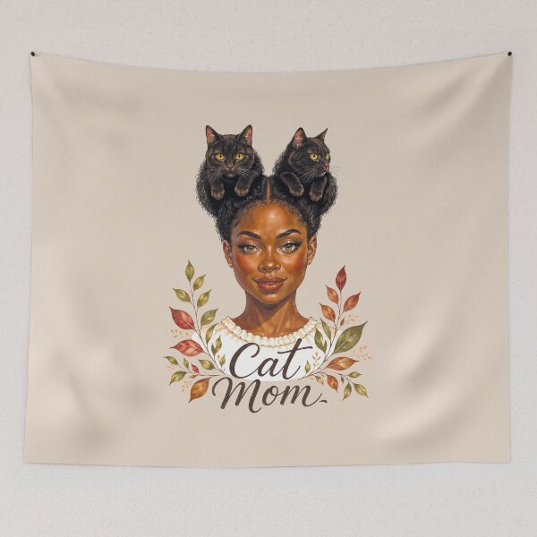 Item preview, Cat Mom | Black Woman with Black Cat Hair Buns | Natural Hair Cat Lover Art designed and sold by AgnieshkaSiwek.