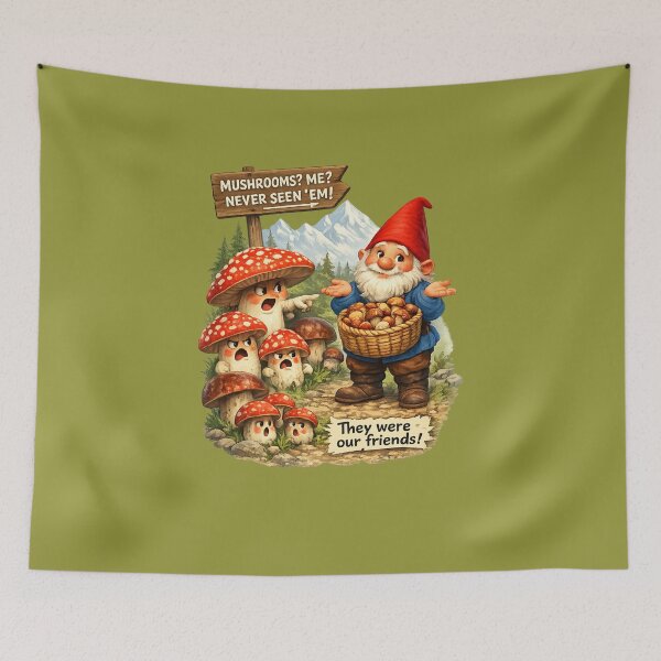 Item preview, Funny Mushroom Gnome – "Mushrooms? Me? Never Seen 'Em!" | Woodland Fantasy Humor designed and sold by Alpine-Ink.
