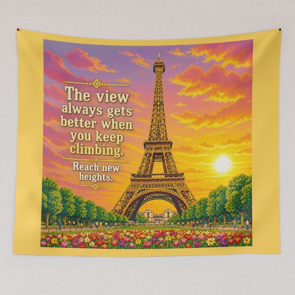 Item preview, Reach New Heights – Eiffel Tower Pixel Art Motivational Poster | Inspirational Paris Sunset Wall Art designed and sold by Kittcatking.