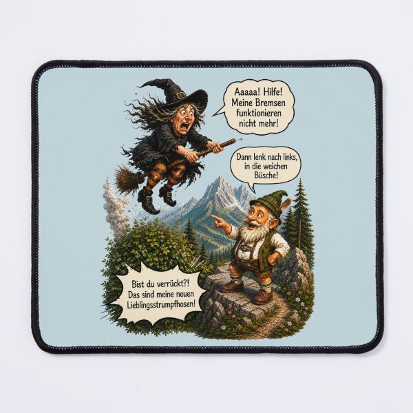 Item preview, Funny Bavarian Gnome & Panicked Witch – Brake Failure! | German Fantasy Humor designed and sold by Alpine-Ink.