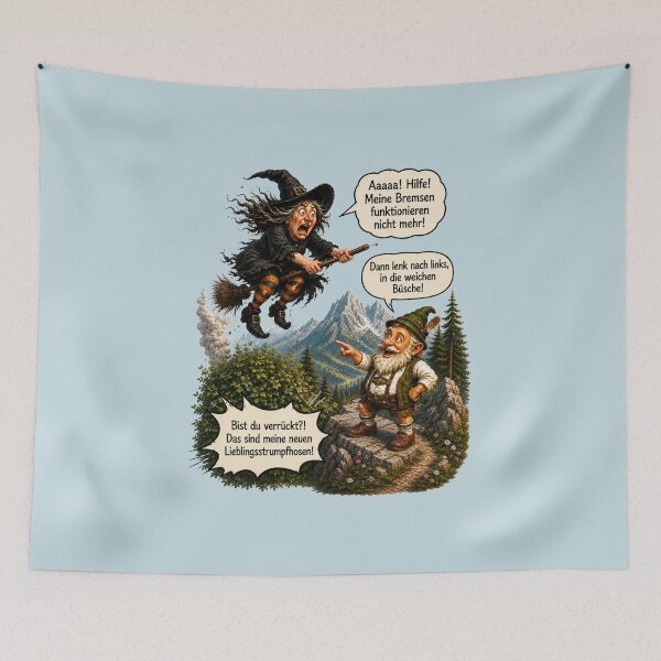 Item preview, Funny Bavarian Gnome & Panicked Witch – Brake Failure! | German Fantasy Humor designed and sold by Alpine-Ink.