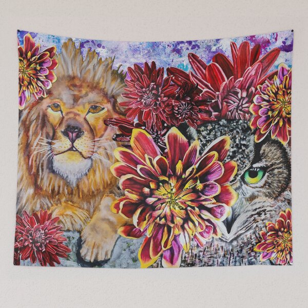 Item preview, Green Eyed Owl, Lion, Chrysanthemums Background 1 designed and sold by nastiaart.