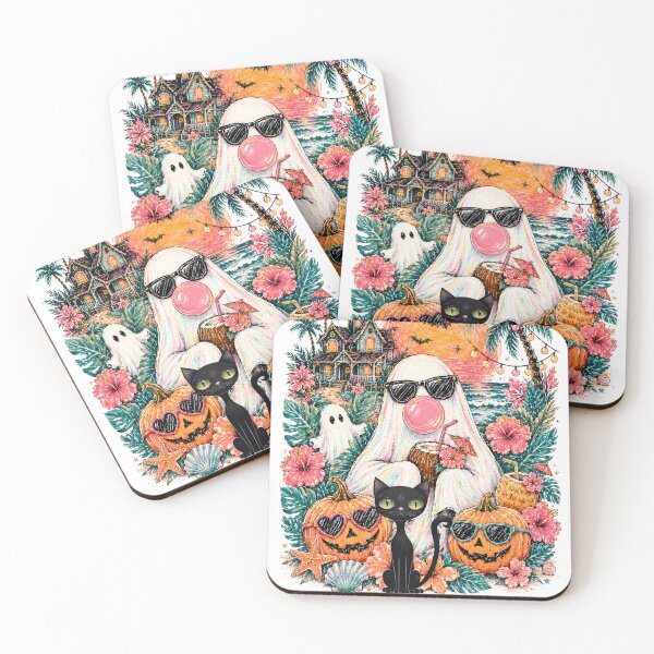 Item preview, Cute Tropical Halloween Ghost Cat Pumpkin Beach Sunset Vintage designed and sold by     Sela Art .