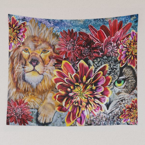 Item preview, Green Eyed Owl, Lion, Chrysanthemums Background 2 designed and sold by nastiaart.