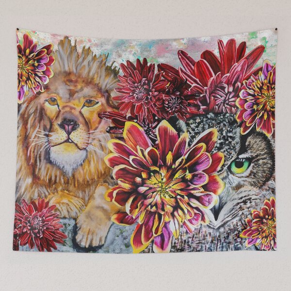 Item preview, Green Eyed Owl, Lion, Chrysanthemums Background 3 designed and sold by nastiaart.
