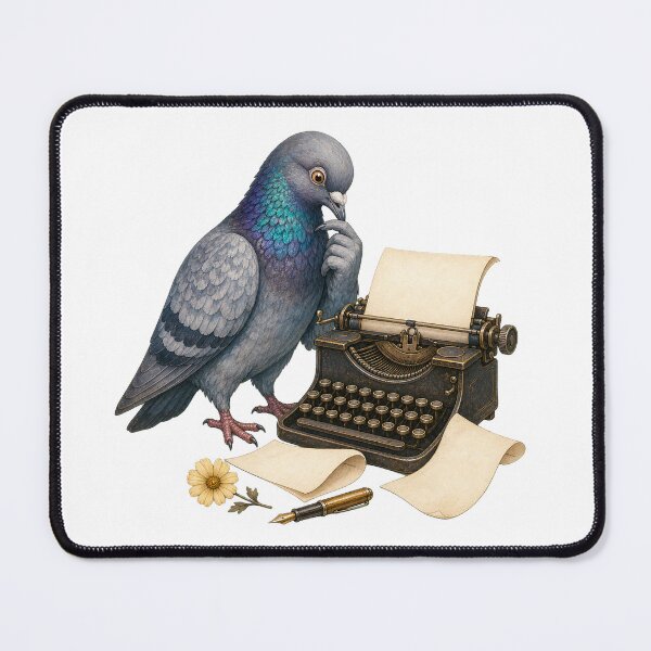 Item preview, Thoughtful Pigeon Writing at a Vintage Typewriter designed and sold by Freshloop Studio | Whimsical Vintage Art.