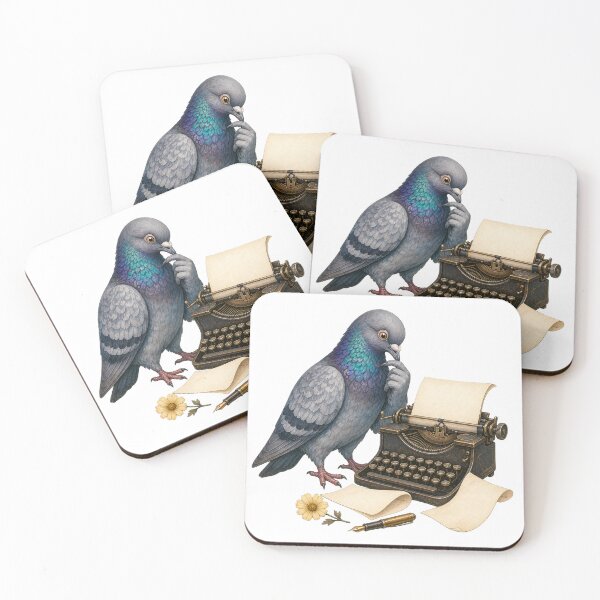 Item preview, Thoughtful Pigeon Writing at a Vintage Typewriter designed and sold by Freshloop Studio | Whimsical Vintage Art.