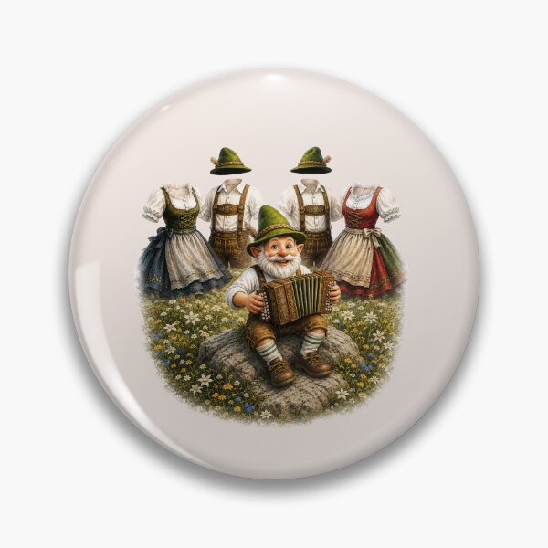 Item preview, Happy Bavarian Gnome Playing Accordion While Dancing Folk Costumes Celebrate in an Alpine Meadow designed and sold by Alpine-Ink.