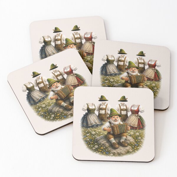 Item preview, Happy Bavarian Gnome Playing Accordion While Dancing Folk Costumes Celebrate in an Alpine Meadow designed and sold by Alpine-Ink.