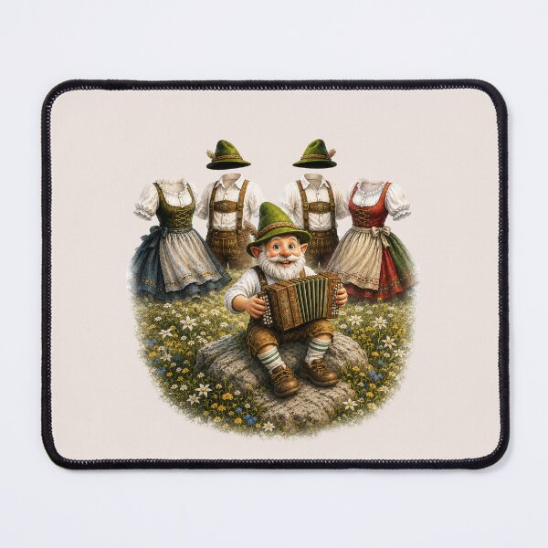 Item preview, Happy Bavarian Gnome Playing Accordion While Dancing Folk Costumes Celebrate in an Alpine Meadow designed and sold by Alpine-Ink.