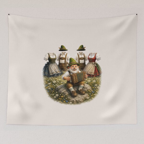 Item preview, Happy Bavarian Gnome Playing Accordion While Dancing Folk Costumes Celebrate in an Alpine Meadow designed and sold by Alpine-Ink.