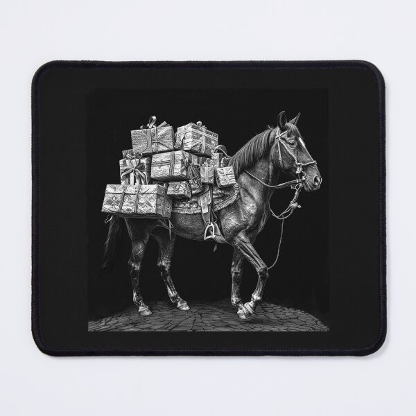 Item preview, Christmas Gift Delivery Horse | Vintage Equestrian Holiday Art | Black and White Pack Horse designed and sold by inkoutninja.