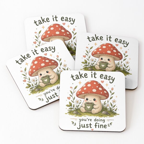 Item preview, Cute Mushroom Drinking Coffee – Take It Easy You're Doing Just Fine | Cozy Cottagecore Kawaii Illustration designed and sold by 1234saad.
