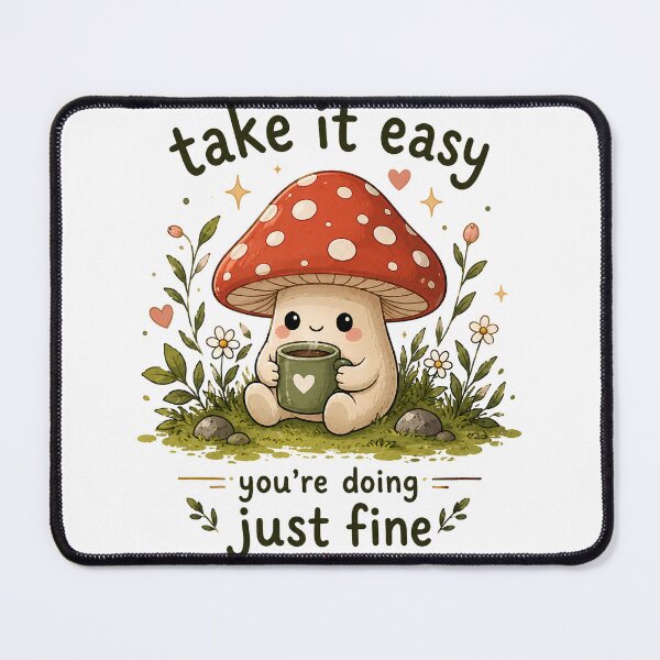 Item preview, Cute Mushroom Drinking Coffee – Take It Easy You're Doing Just Fine | Cozy Cottagecore Kawaii Illustration designed and sold by 1234saad.