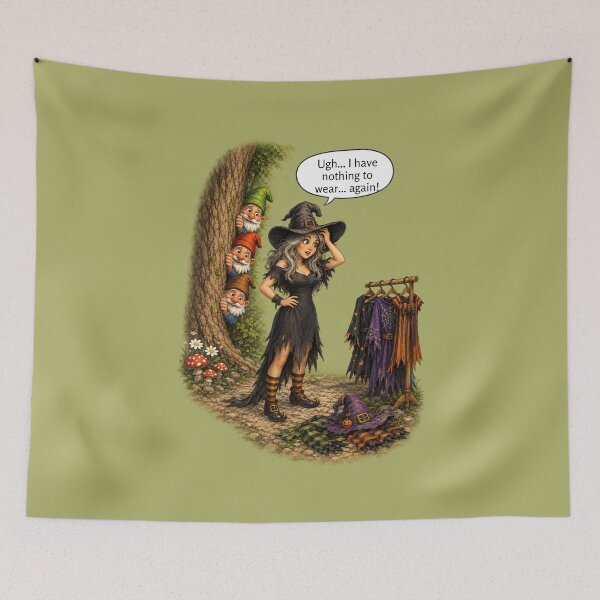 Item preview, Funny Witch Can't Decide What to Wear | Curious Garden Gnomes Halloween Humor designed and sold by Alpine-Ink.