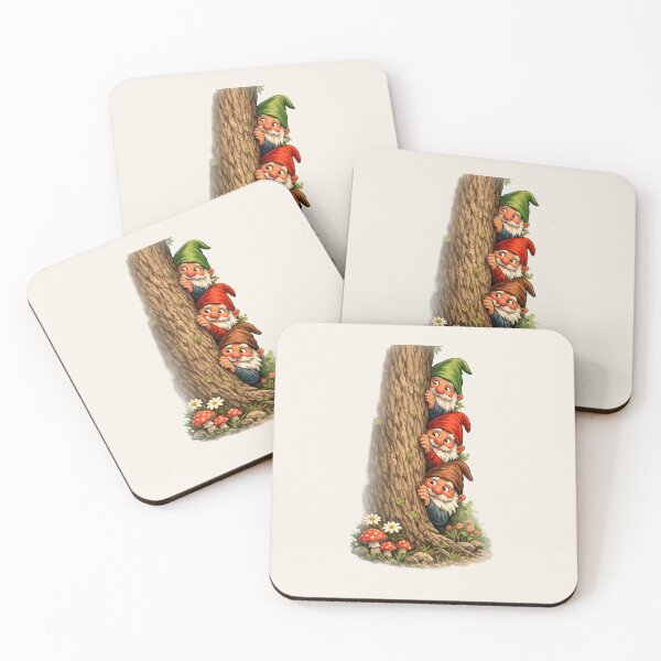 Item preview, Three Curious Garden Gnomes Peeking Behind a Tree | Funny Fantasy Woodland Art designed and sold by Alpine-Ink.