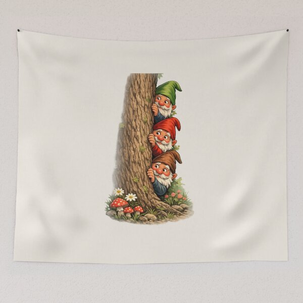 Item preview, Three Curious Garden Gnomes Peeking Behind a Tree | Funny Fantasy Woodland Art designed and sold by Alpine-Ink.