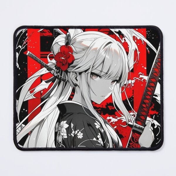 Item preview, Elegant Samurai Girl in Floral Kimono – Japanese Sword Warrior Anime Style Red Black Aesthetic Art designed and sold by Dyan4.