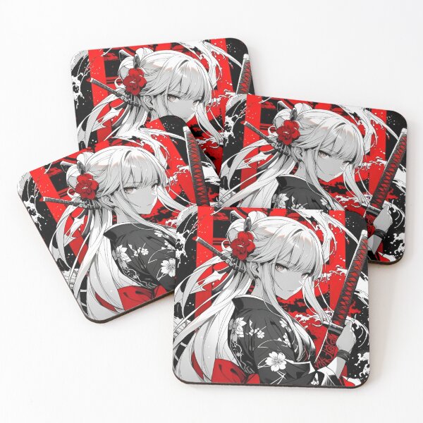 Item preview, Elegant Samurai Girl in Floral Kimono – Japanese Sword Warrior Anime Style Red Black Aesthetic Art designed and sold by Dyan4.