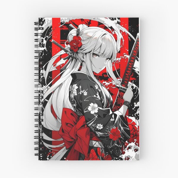 Item preview, Elegant Samurai Girl in Floral Kimono – Japanese Sword Warrior Anime Style Red Black Aesthetic Art designed and sold by Dyan4.