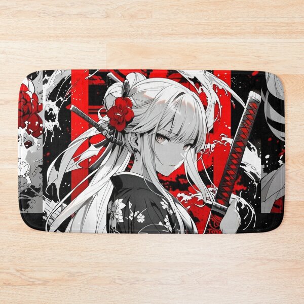 Item preview, Elegant Samurai Girl in Floral Kimono – Japanese Sword Warrior Anime Style Red Black Aesthetic Art designed and sold by Dyan4.