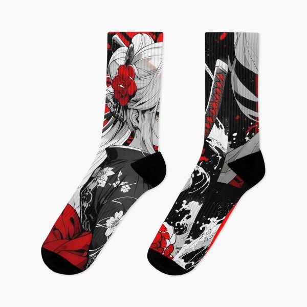 Item preview, Elegant Samurai Girl in Floral Kimono – Japanese Sword Warrior Anime Style Red Black Aesthetic Art designed and sold by Dyan4.