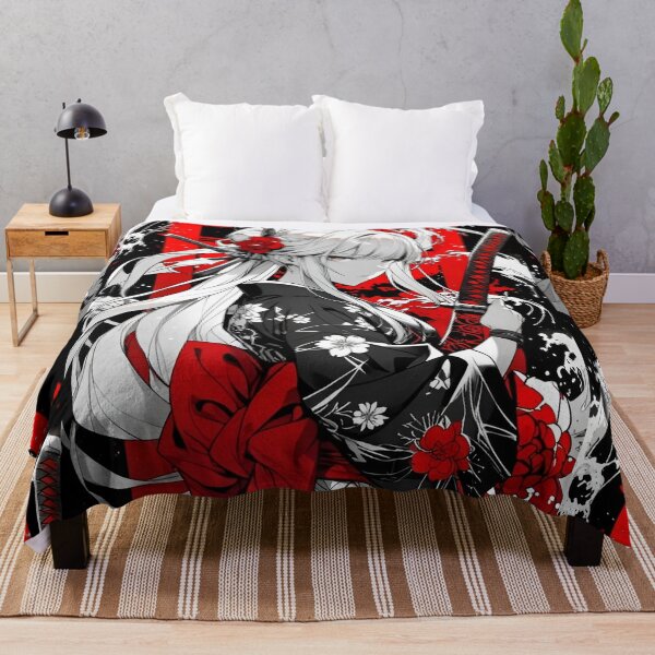 Item preview, Elegant Samurai Girl in Floral Kimono – Japanese Sword Warrior Anime Style Red Black Aesthetic Art designed and sold by Dyan4.