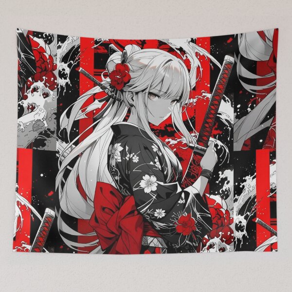 Item preview, Elegant Samurai Girl in Floral Kimono – Japanese Sword Warrior Anime Style Red Black Aesthetic Art designed and sold by Dyan4.