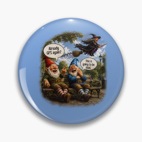 Item preview, GPS Again? Two Laughing Garden Gnomes Watching a Flying Witch – Funny Halloween Design   designed and sold by Alpine-Ink.