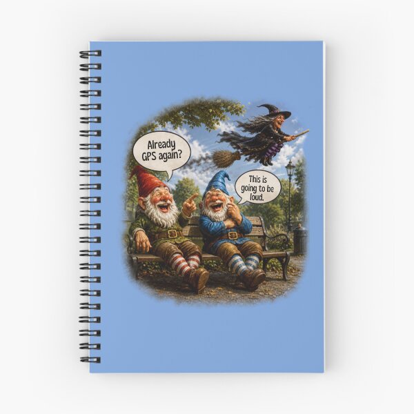 Item preview, GPS Again? Two Laughing Garden Gnomes Watching a Flying Witch – Funny Halloween Design   designed and sold by Alpine-Ink.