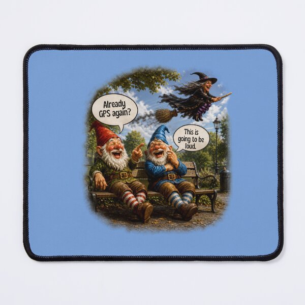 Item preview, GPS Again? Two Laughing Garden Gnomes Watching a Flying Witch – Funny Halloween Design   designed and sold by Alpine-Ink.