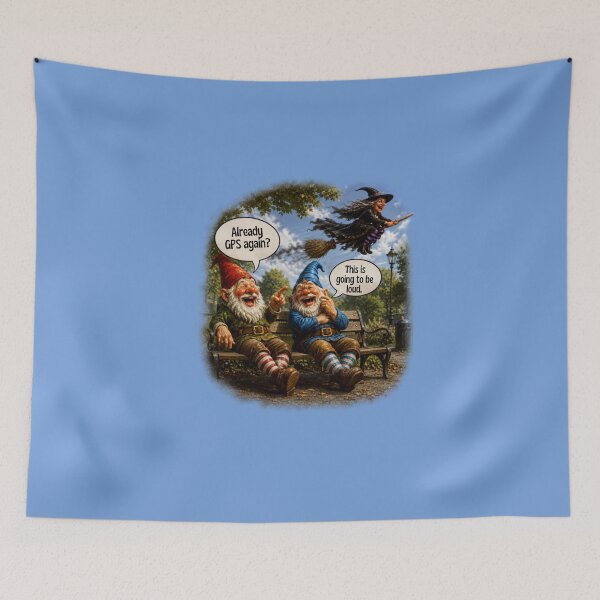 Item preview, GPS Again? Two Laughing Garden Gnomes Watching a Flying Witch – Funny Halloween Design   designed and sold by Alpine-Ink.