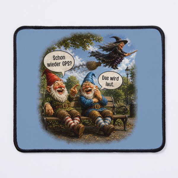 Item preview, Already GPS Again? Two Laughing Garden Gnomes Watching a Witch Funny Halloween Design designed and sold by Alpine-Ink.