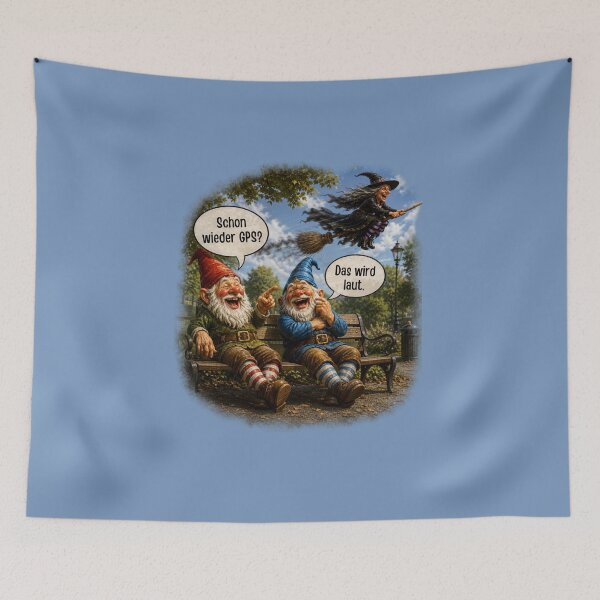 Item preview, Already GPS Again? Two Laughing Garden Gnomes Watching a Witch Funny Halloween Design designed and sold by Alpine-Ink.