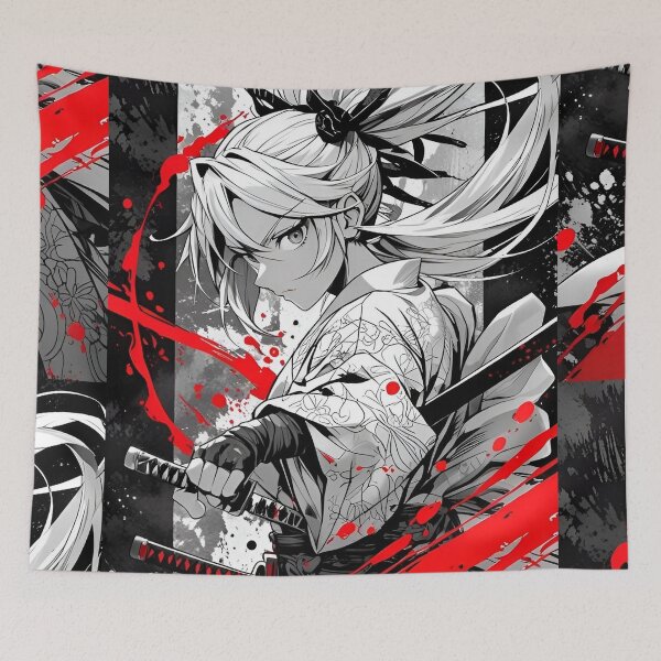 Item preview, Fierce Samurai Girl with Dual Katana – Japanese Anime Warrior Black Red Ink Splash Aesthetic designed and sold by Dyan4.
