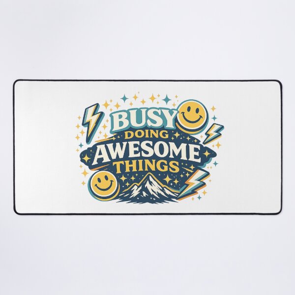 Item preview, Busy Doing Awesome Things Motivational Retro Mountain Smiley Design designed and sold by SoulThread Studio.