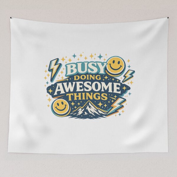 Item preview, Busy Doing Awesome Things Motivational Retro Mountain Smiley Design designed and sold by SoulThread Studio.